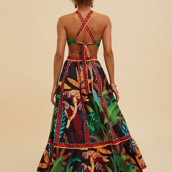 Black Boho Women's Palm Tree Print Strapless Hollow Out Dress - Picture 2 of 6